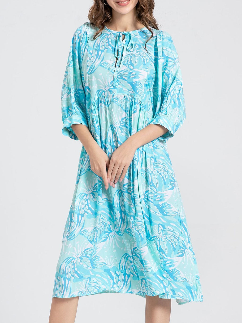Block Print Puff Sleeve Oversized Midi Dress - Emerald