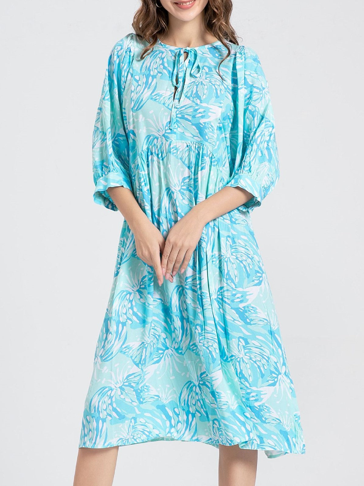 Block Print Puff Sleeve Oversized Midi Dress - Emerald