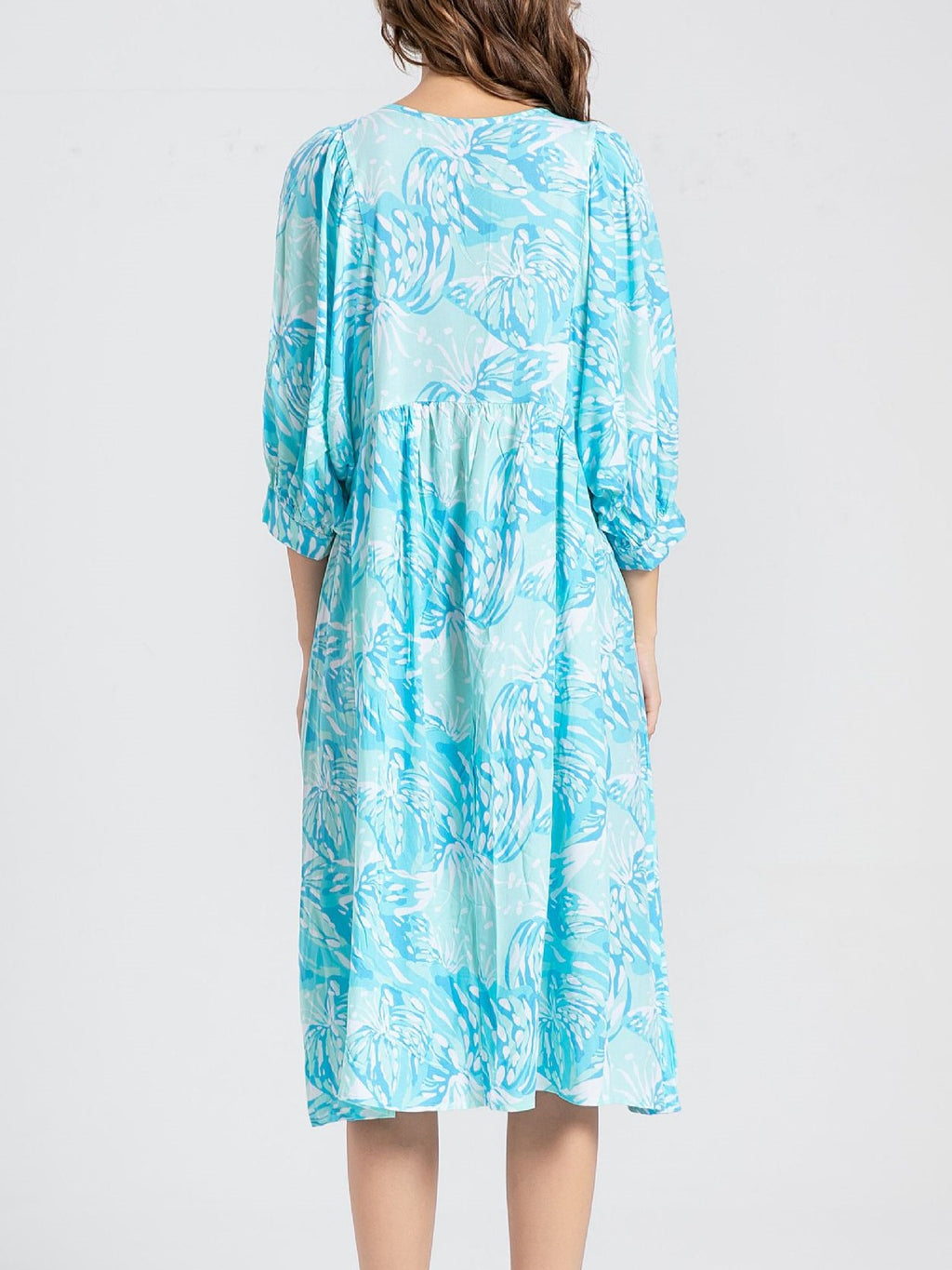 Block Print Puff Sleeve Oversized Midi Dress - Emerald - 1