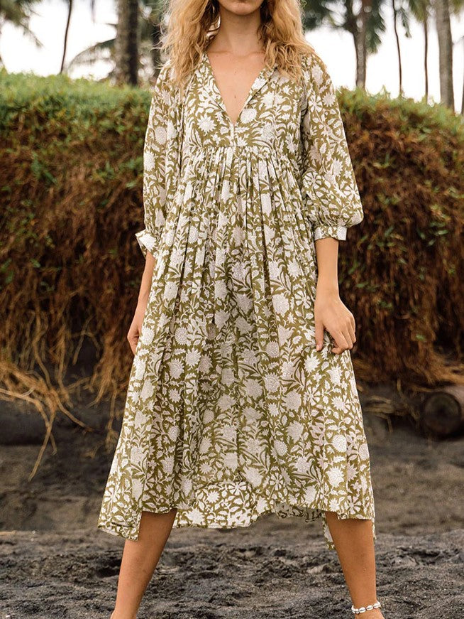 Block Print Puff Sleeve Oversized Midi Dress - Olive