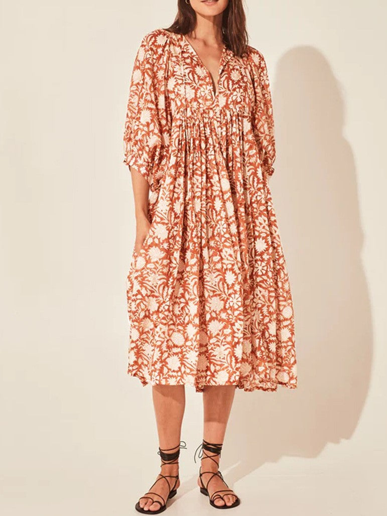Block Print Puff Sleeve Oversized Midi Dress - Orange