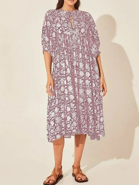 Block Print Puff Sleeve Oversized Midi Dress - Pink
