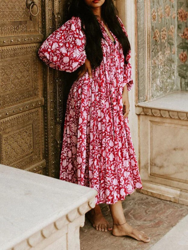 Block Print Puff Sleeve Oversized Midi Dress - Red