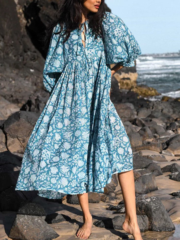 Block Print Puff Sleeve Oversized Midi Dress - SkyBlue