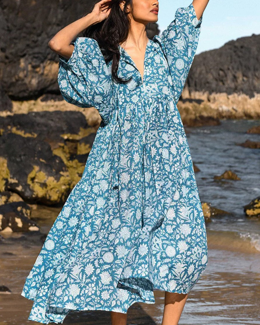 Block Print Puff Sleeve Oversized Midi Dress - SkyBlue - 1