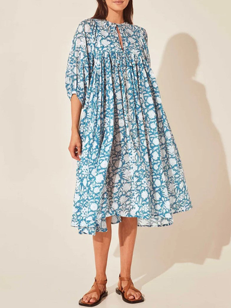 Block Print Puff Sleeve Oversized Midi Dress - SkyBlue - 2