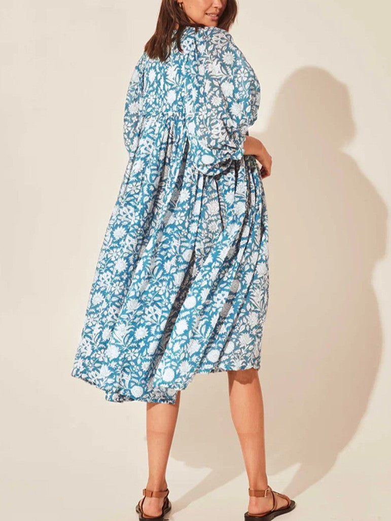 Block Print Puff Sleeve Oversized Midi Dress - SkyBlue - 3