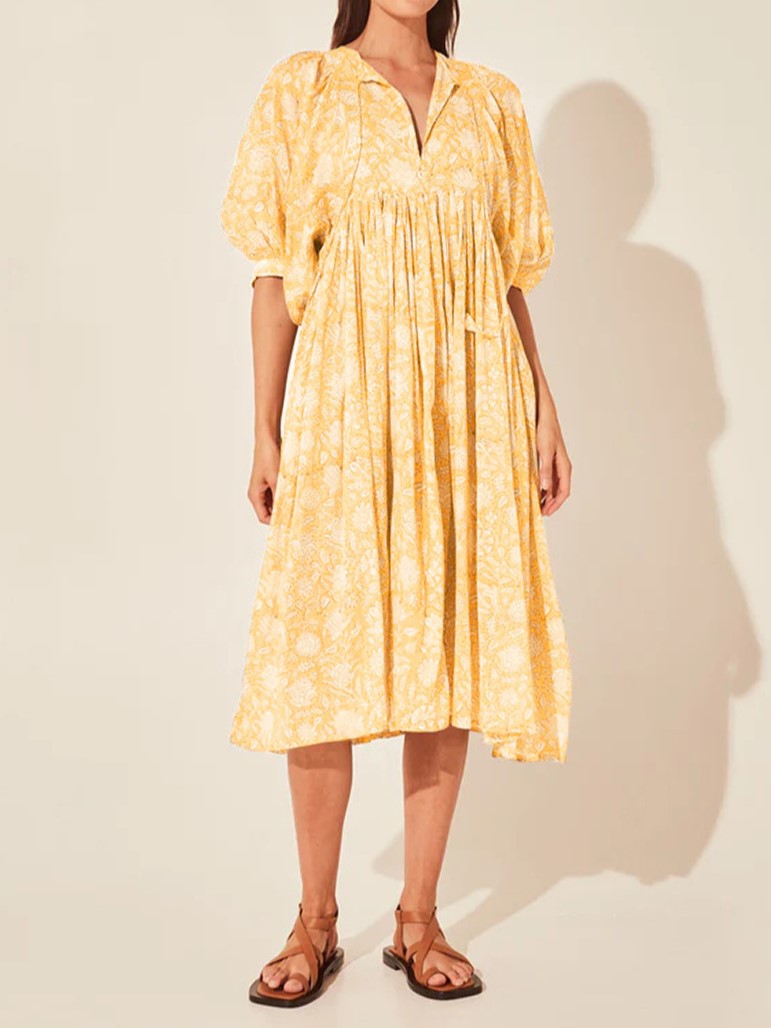 Block Print Puff Sleeve Oversized Midi Dress - Yellow