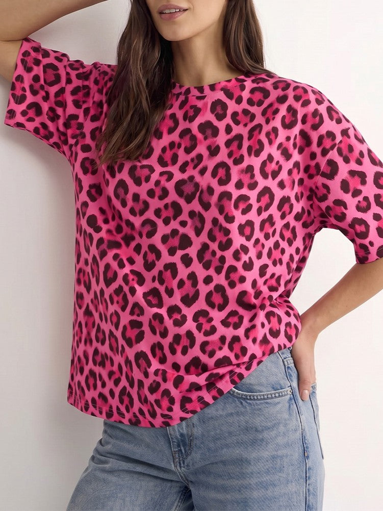 Leopard Print Drop Shoulder Oversized T-Shirt