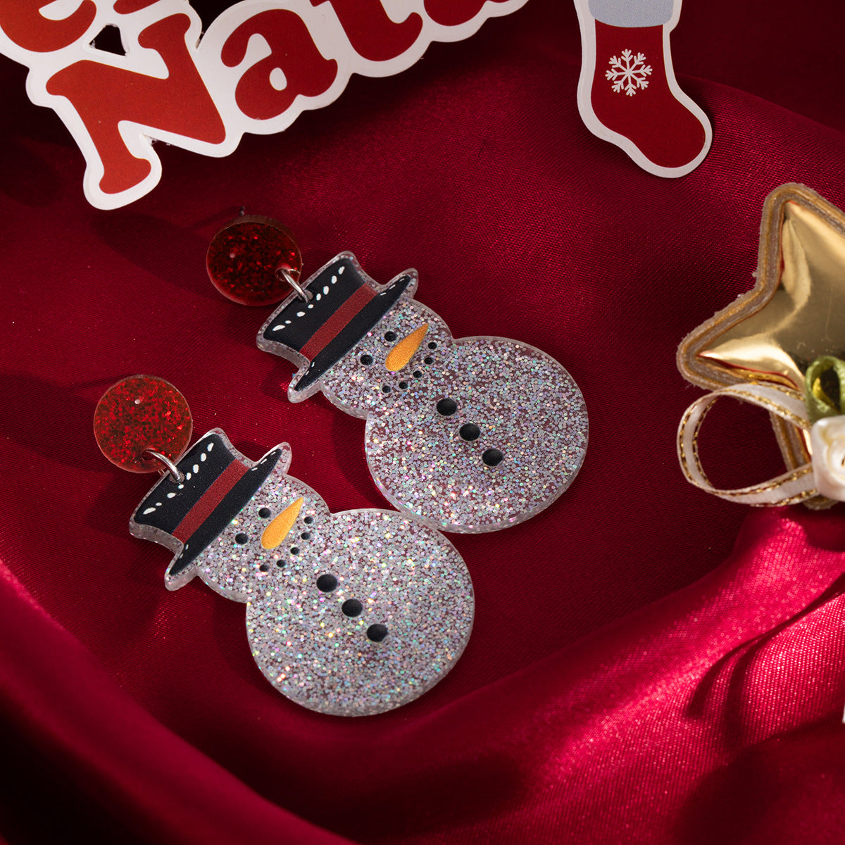 Glitter Snowman Acrylic Dangle Earrings - White - 2
