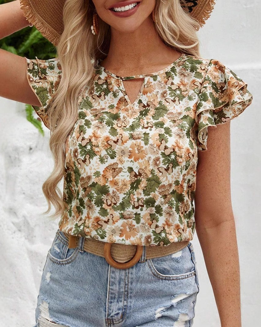Floral Petal Sleeve Keyhole Neck Top - Decor