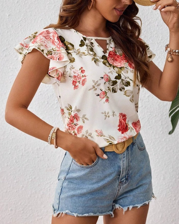 Floral Petal Sleeve Keyhole Neck Top - White - 1