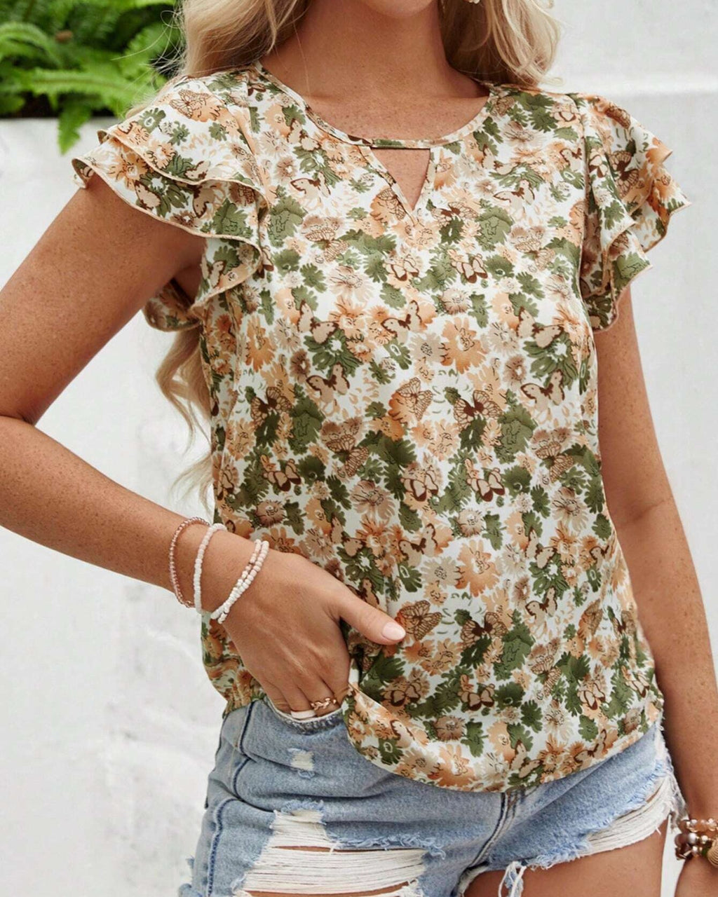 Floral Petal Sleeve Keyhole Neck Top - White - 2
