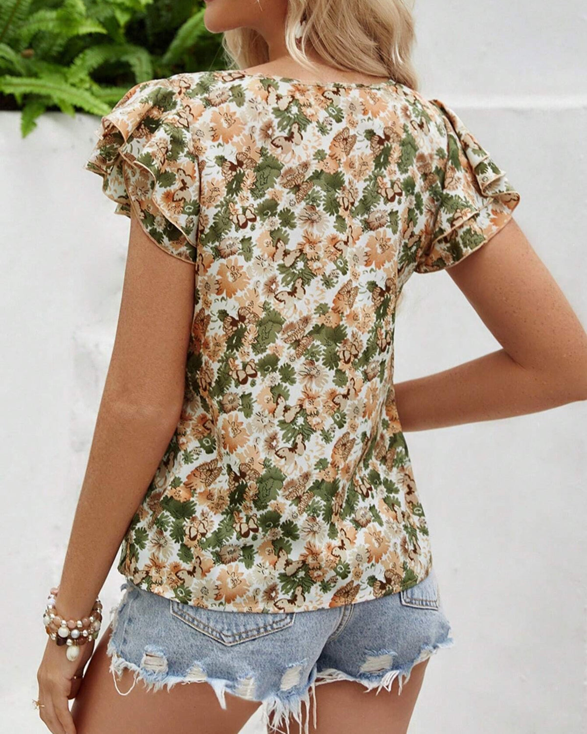 Floral Petal Sleeve Keyhole Neck Top - White - 3