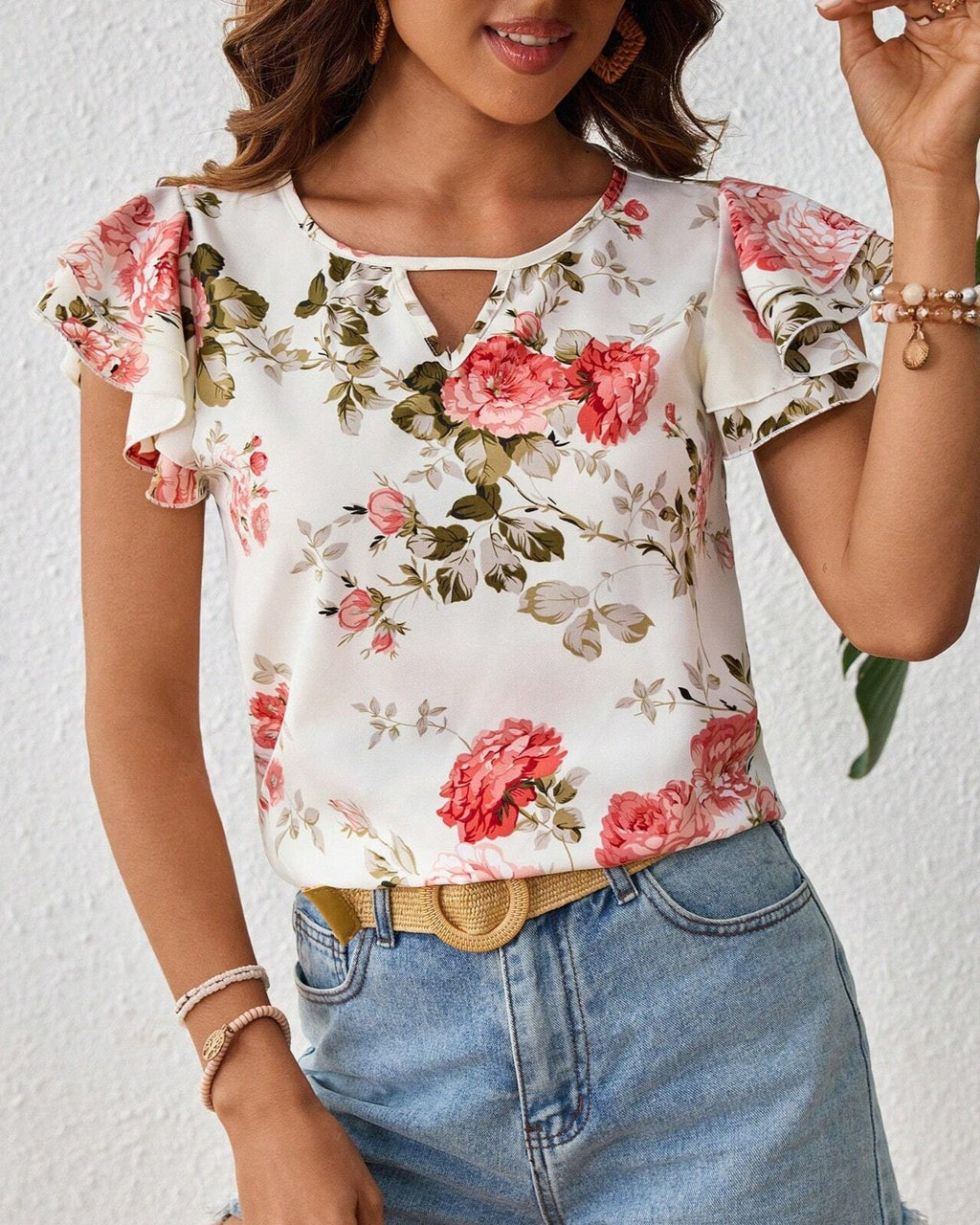 Floral Petal Sleeve Keyhole Neck Top - White - 4