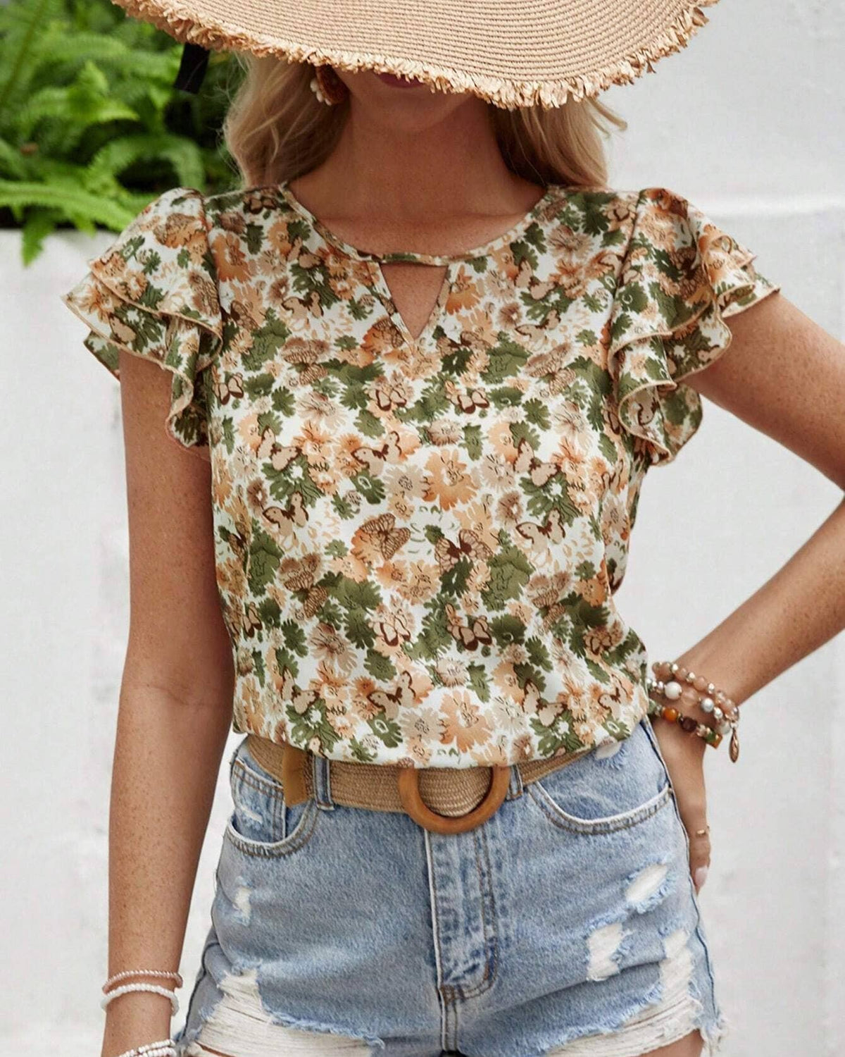 Floral Petal Sleeve Keyhole Neck Top