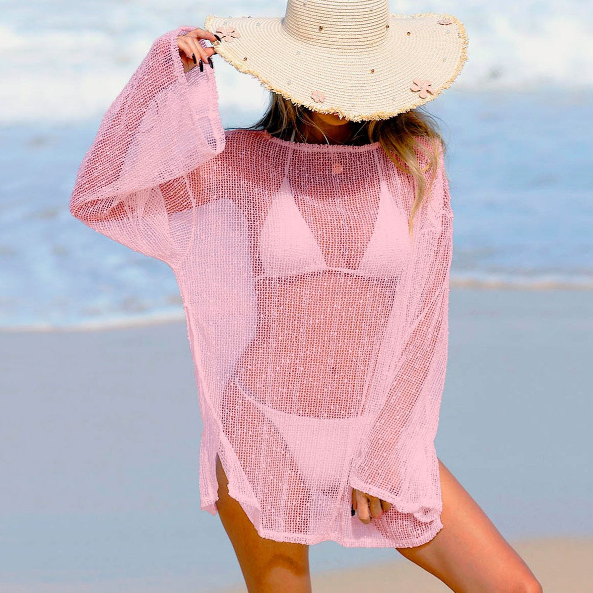 Sheer Drop Shoulder Tunic Swim Cover Up - Pink