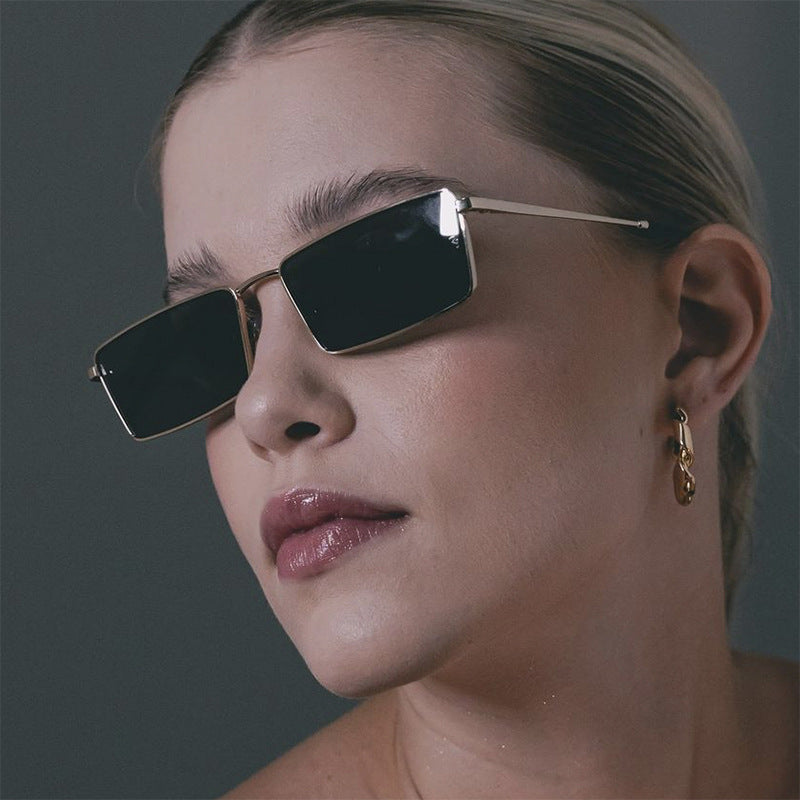 Slim Metal Rectangle Frame Sunglasses - Black - 1