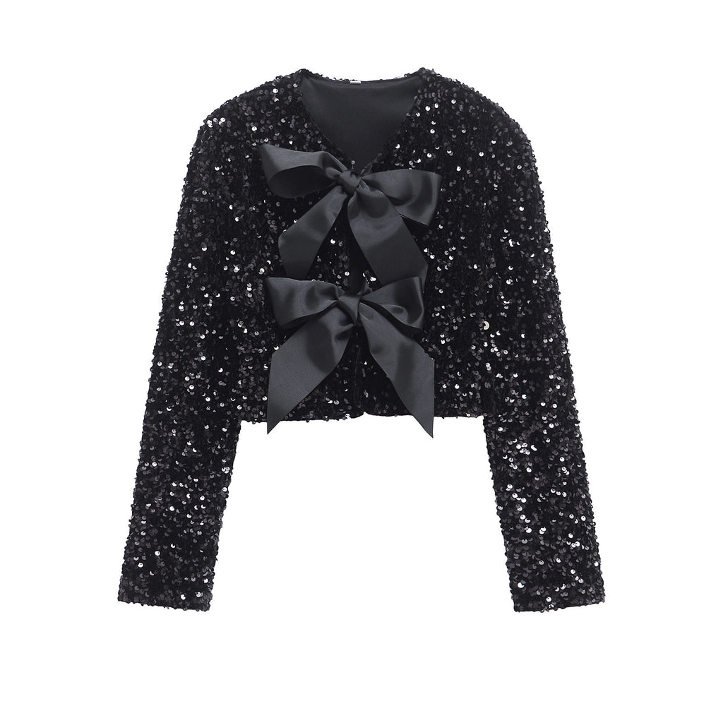 Sequin Bow Front Cropped Evening Jacket - Black