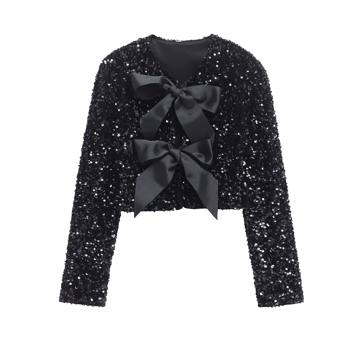 Sequin Bow Front Cropped Evening Jacket - Black