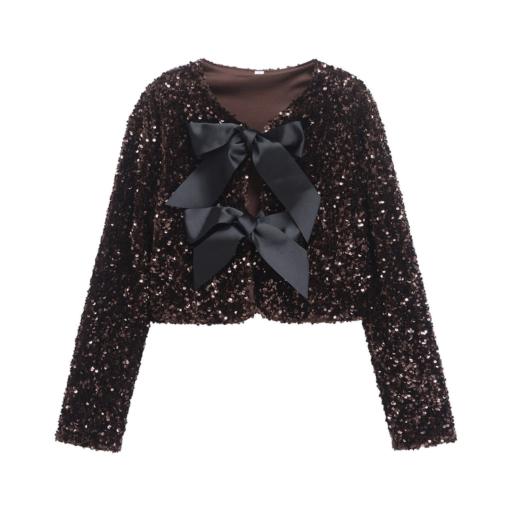 Sequin Bow Front Cropped Evening Jacket - Coffee