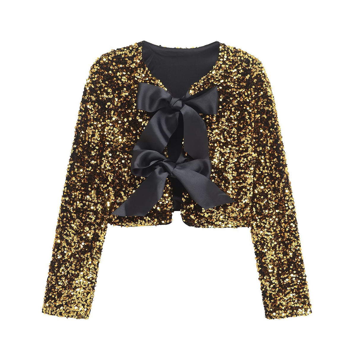 Sequin Bow Front Cropped Evening Jacket - Golden - 1