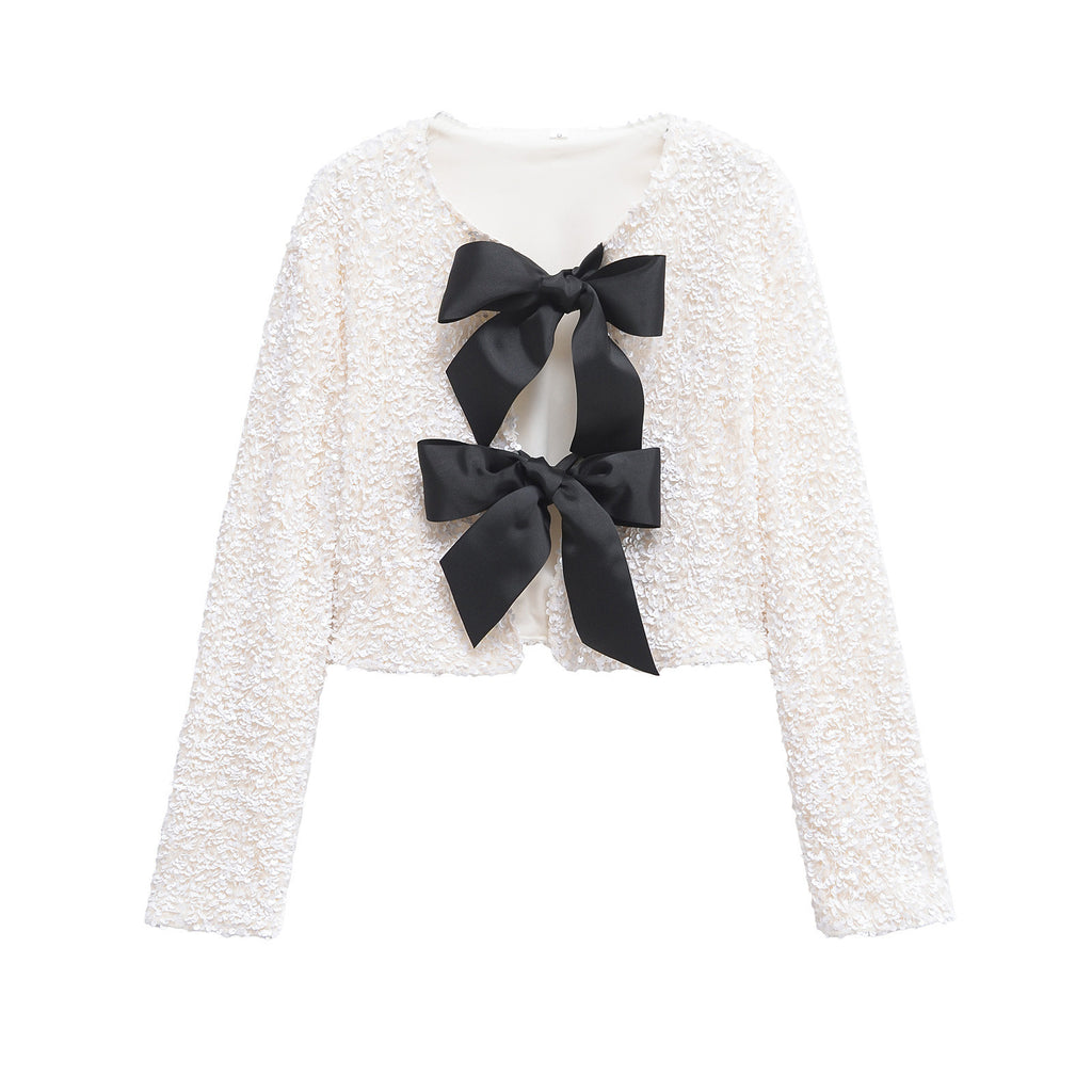Sequin Bow Front Cropped Evening Jacket - White