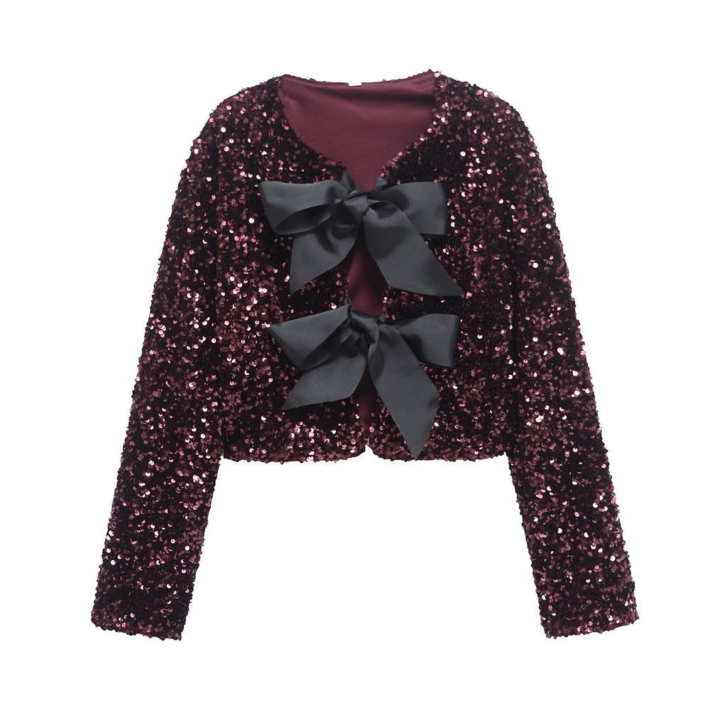 Sequin Bow Front Cropped Evening Jacket - WineRed