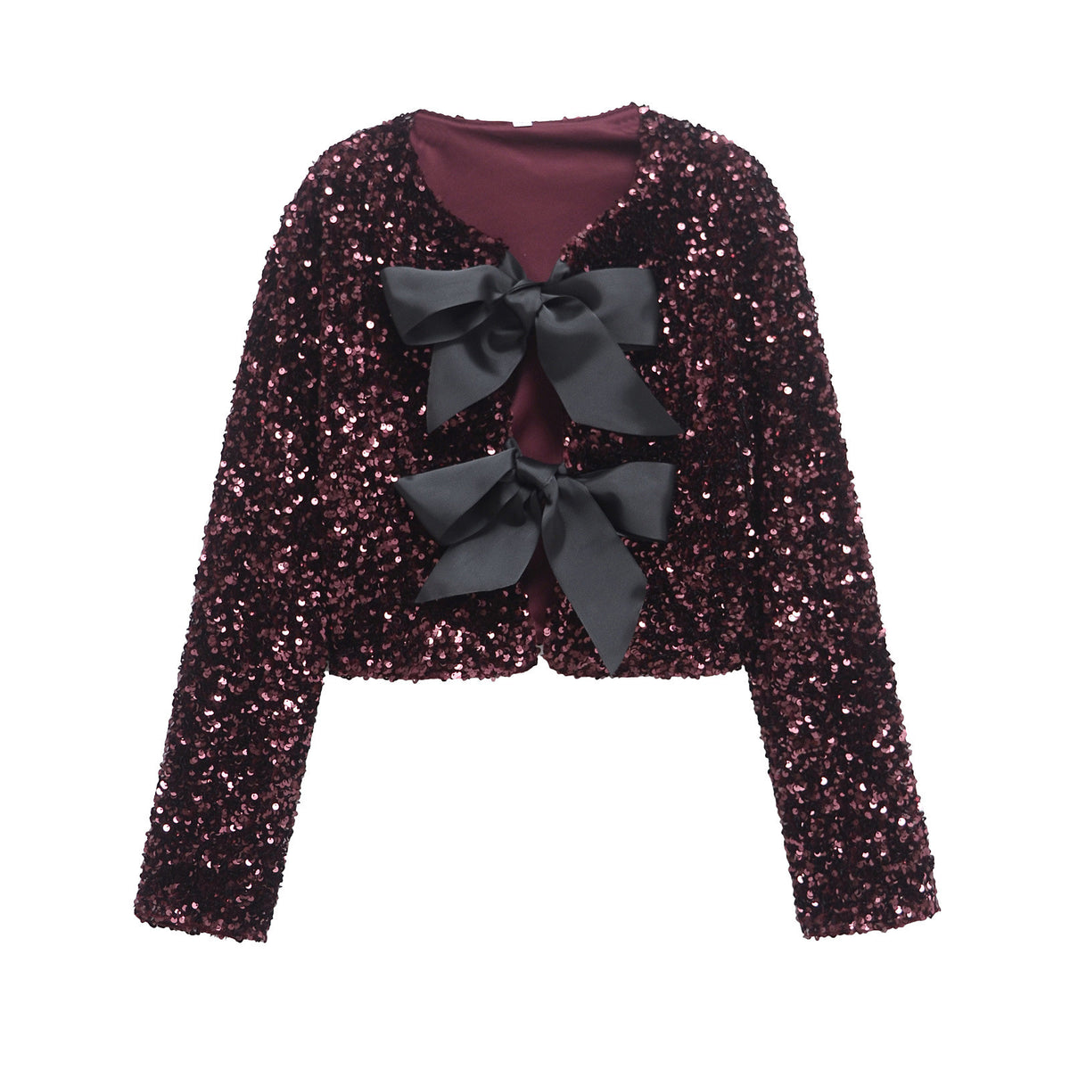 Sequin Bow Front Cropped Evening Jacket - WineRed