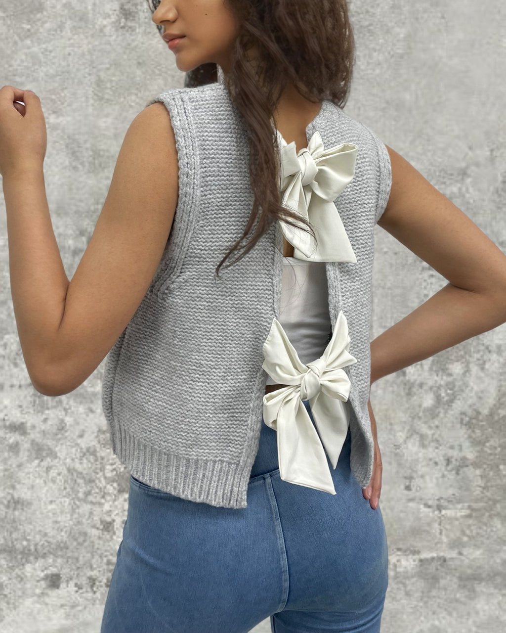 Satin Bow Open Back Knit Top - Grey