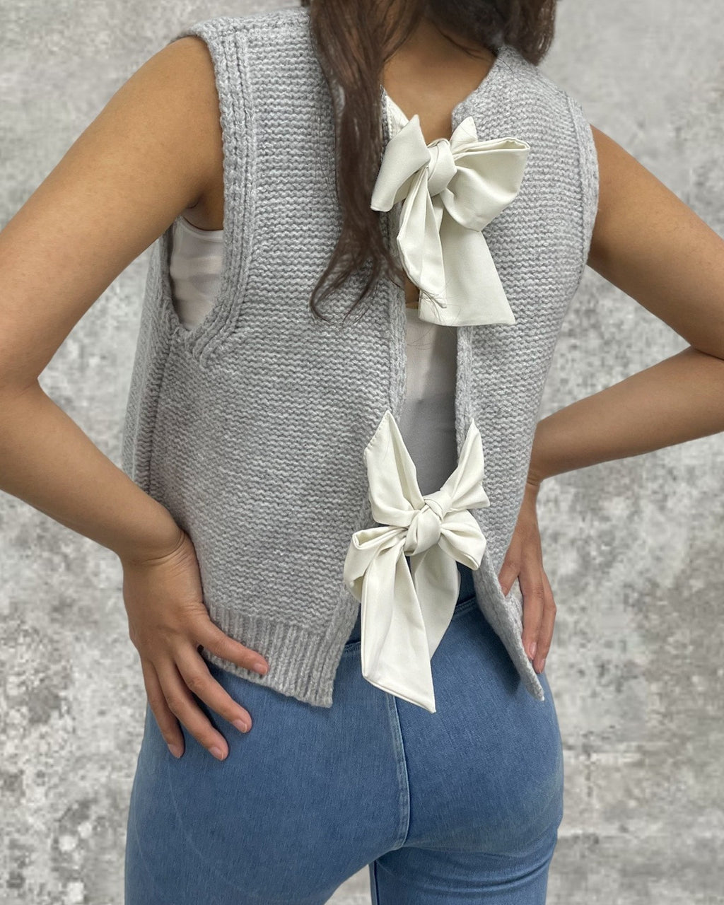 Satin Bow Open Back Knit Top - Grey - 1