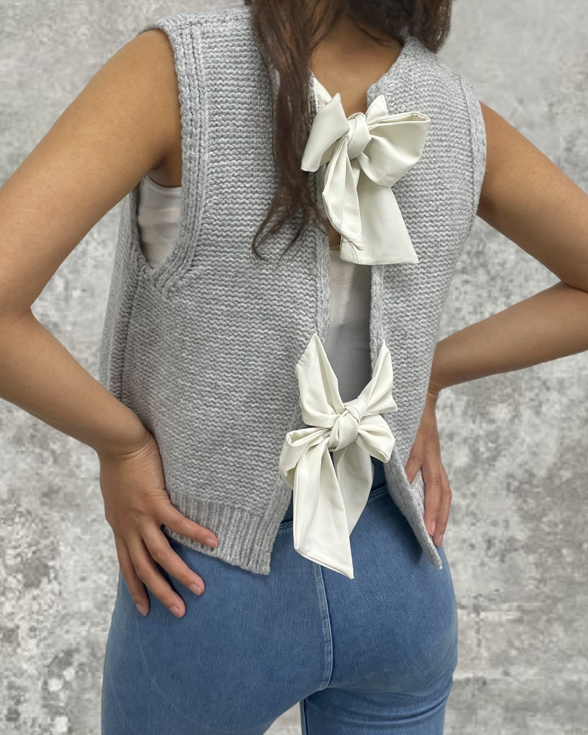 Satin Bow Open Back Knit Top - Grey - 1