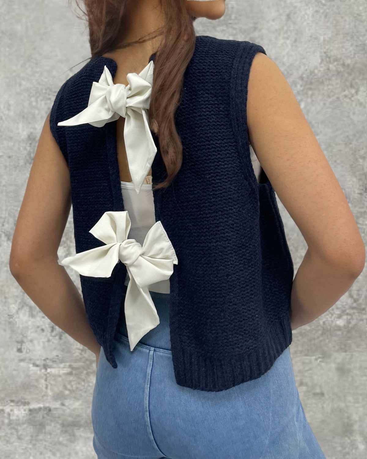 Satin Bow Open Back Knit Top - Navy-Blue