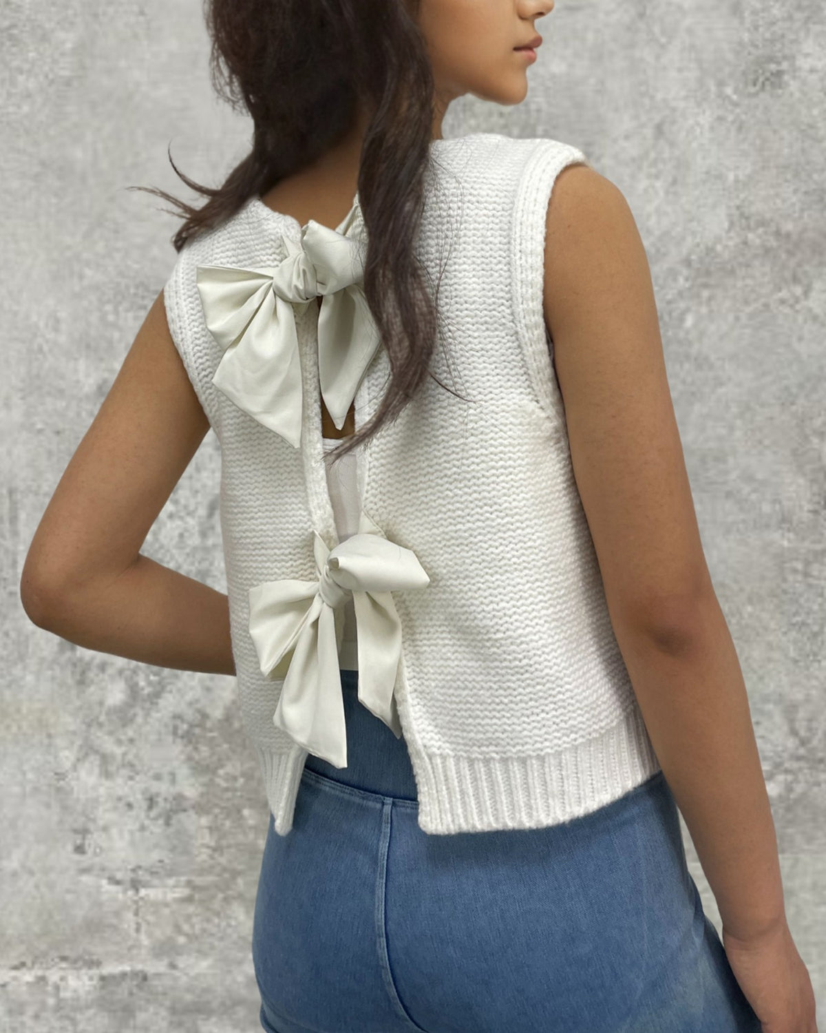 Satin Bow Open Back Knit Top - White