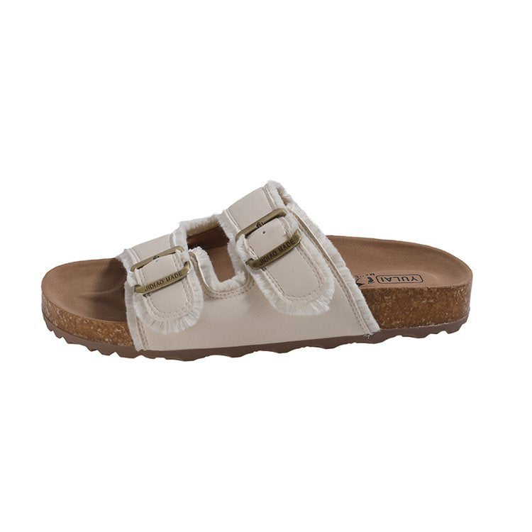 Metallic Double Buckle Cork Slide Sandals - Beige