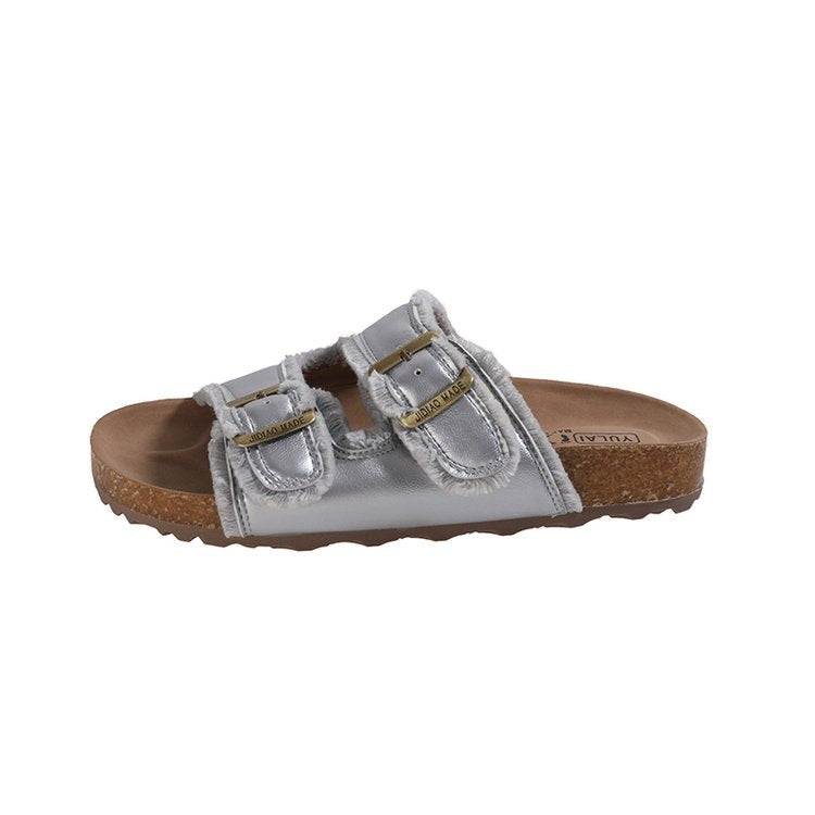 Metallic Double Buckle Cork Slide Sandals - silver