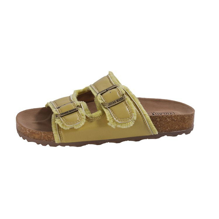 Metallic Double Buckle Cork Slide Sandals - yellow
