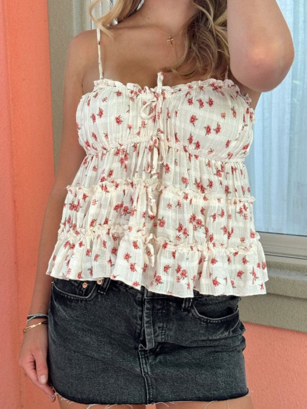 Floral Smocked Ruffle Hem Cami Top - Beige