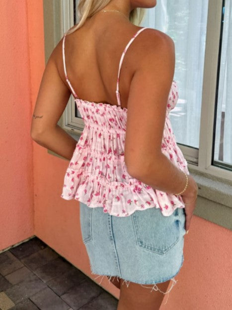 Floral Smocked Ruffle Hem Cami Top - Pink - 1