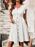 Flutter Sleeve Button Front Textured Dress - White