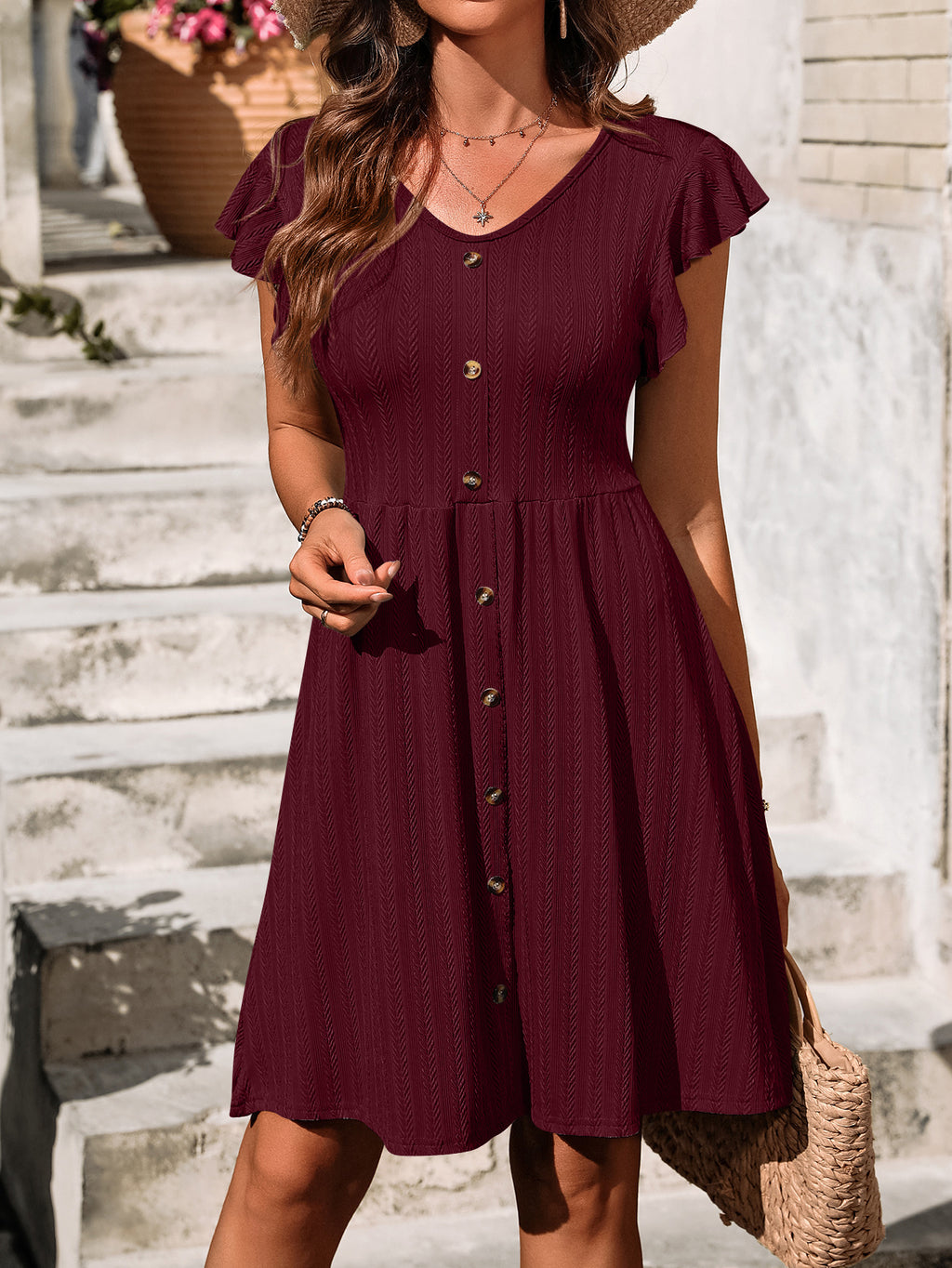 Flutter Sleeve Button Front Textured Dress - Winered - 2