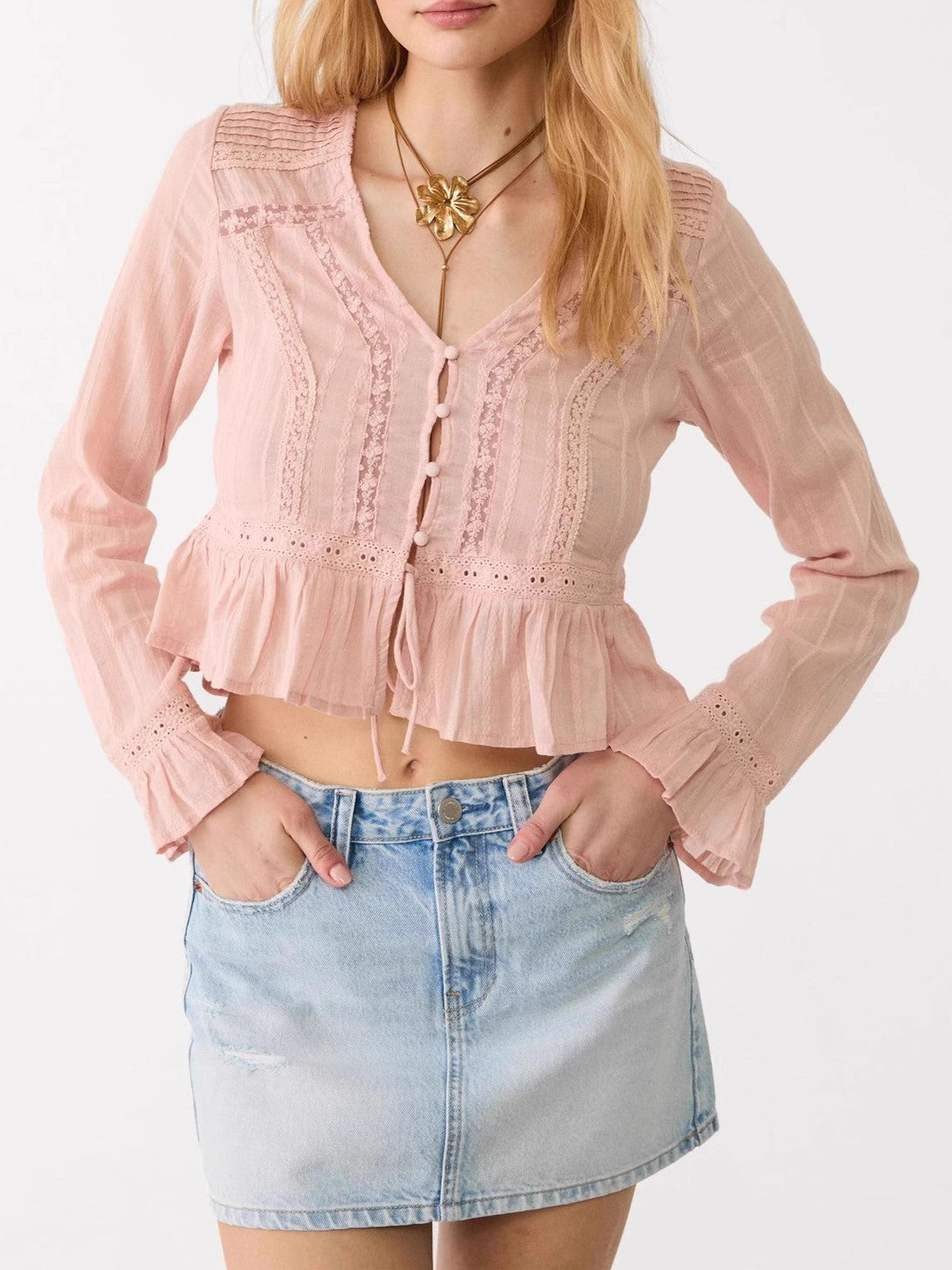 Lace Trim Peplum Bell Sleeve Blouse - Pink