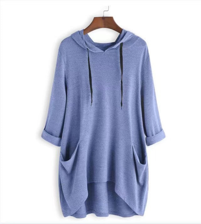 Lightweight Longline Hoodie With Patch Pockets - Blue