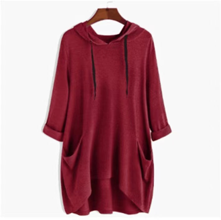 Lightweight Longline Hoodie With Patch Pockets - Burgundy