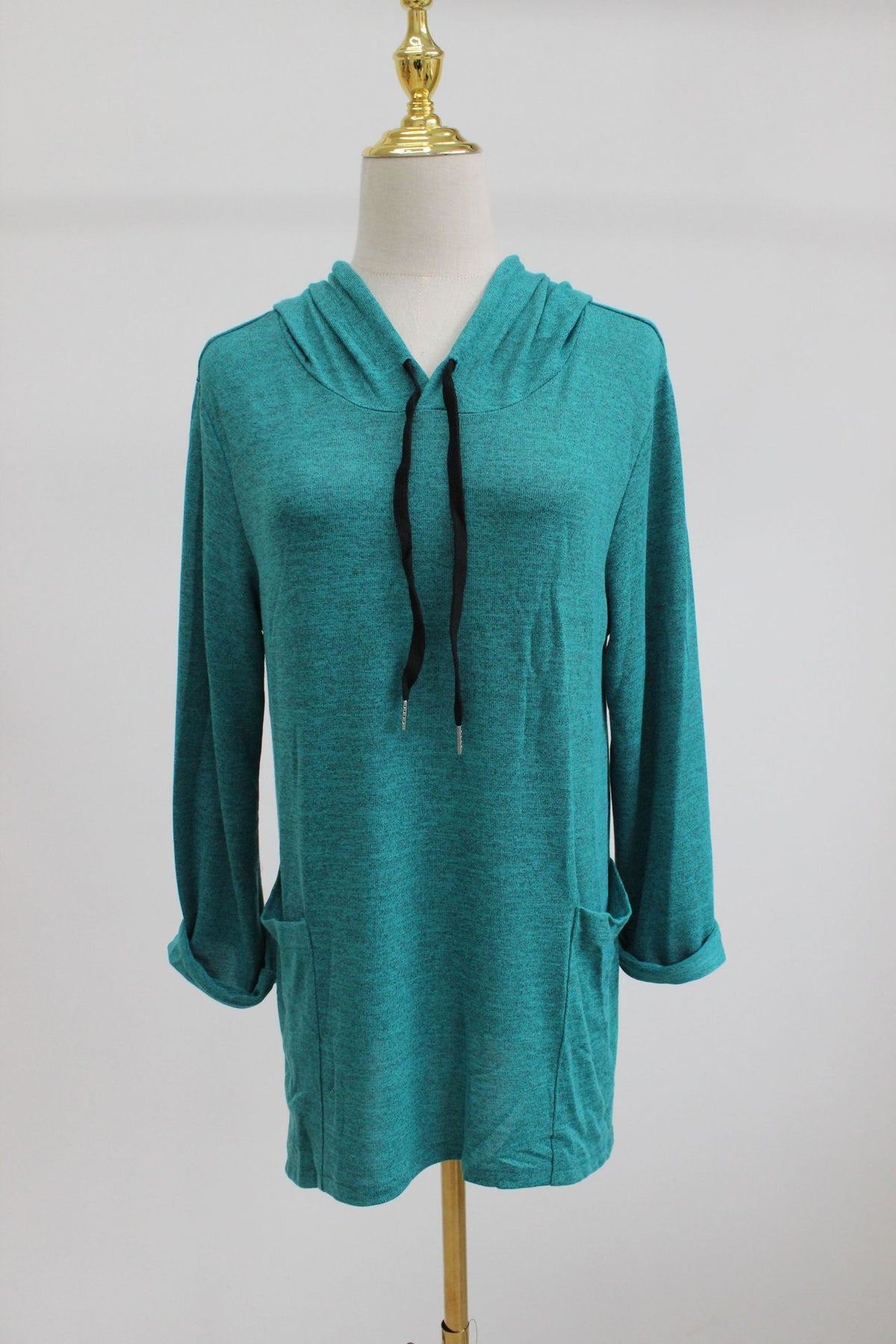 Lightweight Longline Hoodie With Patch Pockets - Turquoise - 1