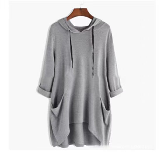 Lightweight Longline Hoodie With Patch Pockets - grey