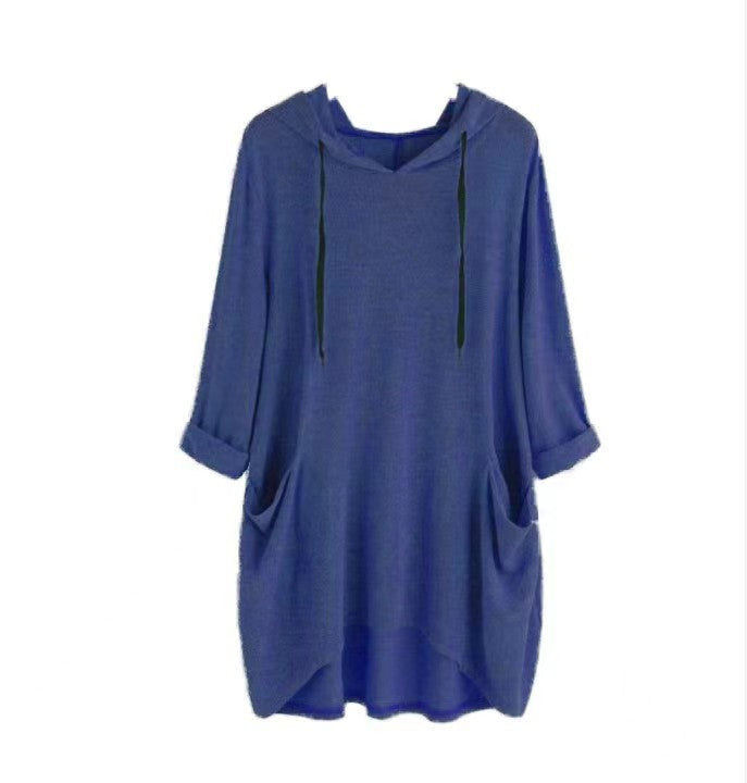 Lightweight Longline Hoodie With Patch Pockets - navy