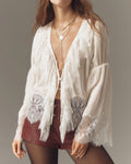 Sheer Lace Trim Button Front Boho Blouse - Beige