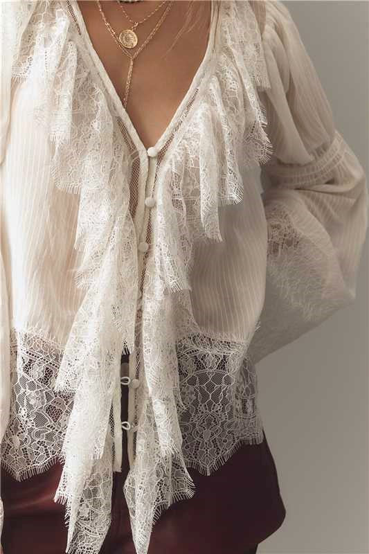 Sheer Lace Trim Button Front Boho Blouse - Beige - 1