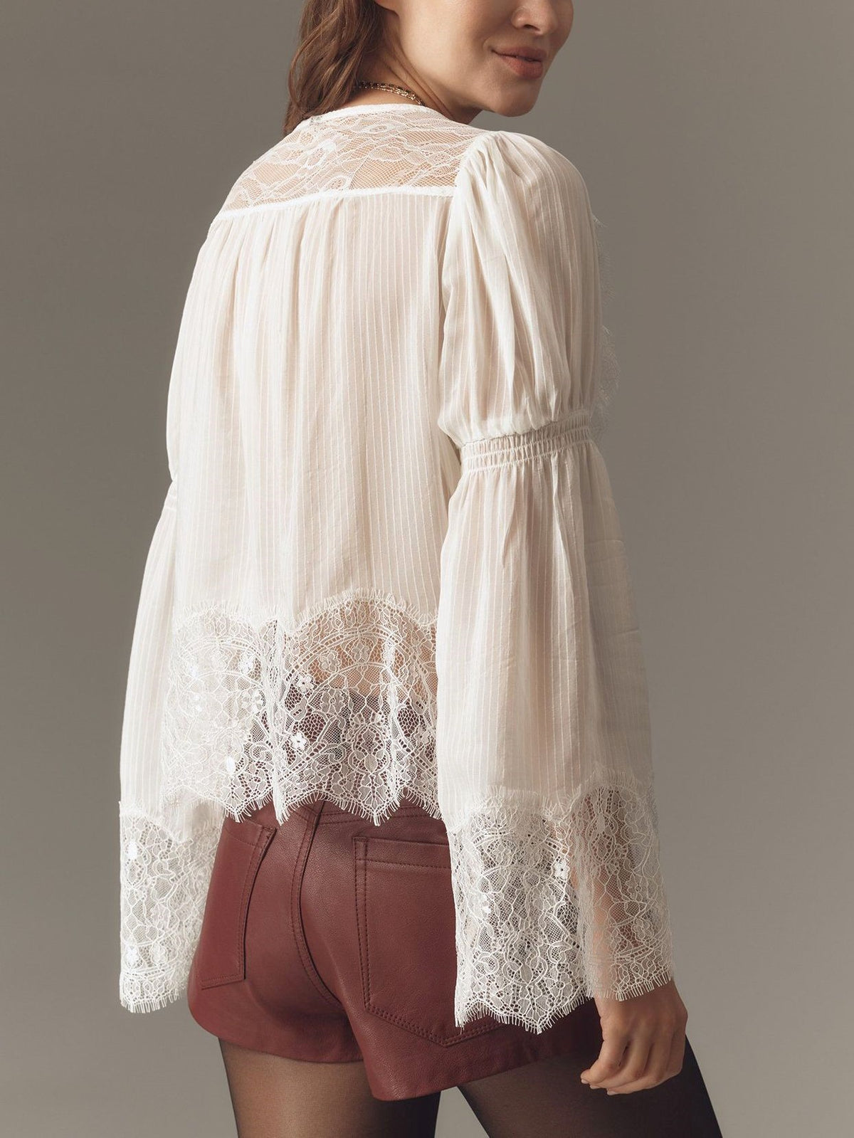 Sheer Lace Trim Button Front Boho Blouse - Beige - 2